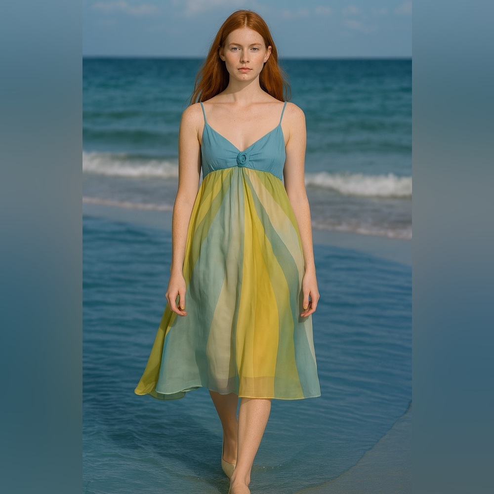Free People Boho Pastel Chiffon Dress w/ Floral Appliqué — Size 6